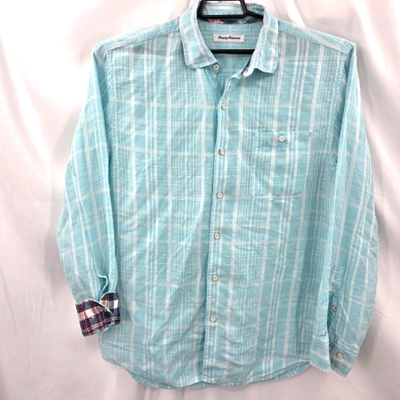 Tommy Bahama Long Sleeve Linen Flip Cuff Shirt Sea Green Plaid Men's Size L - Picture 2 of 9